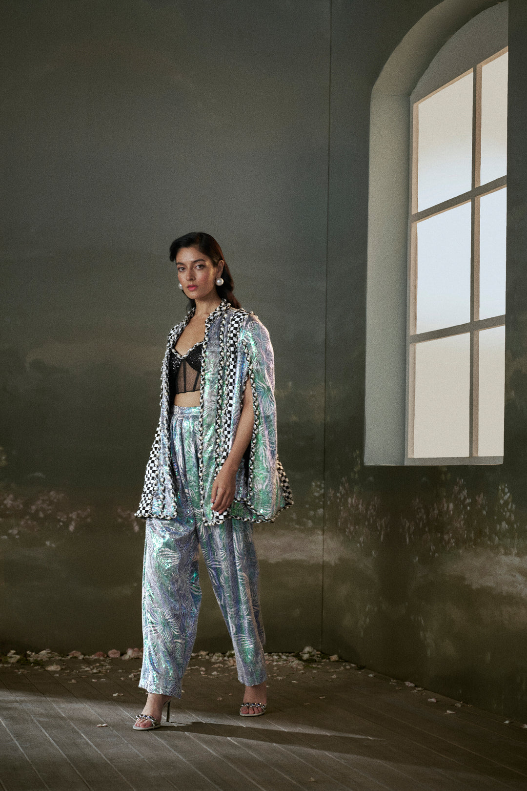 Printed Metallic Jacket Trouser Set With Corset