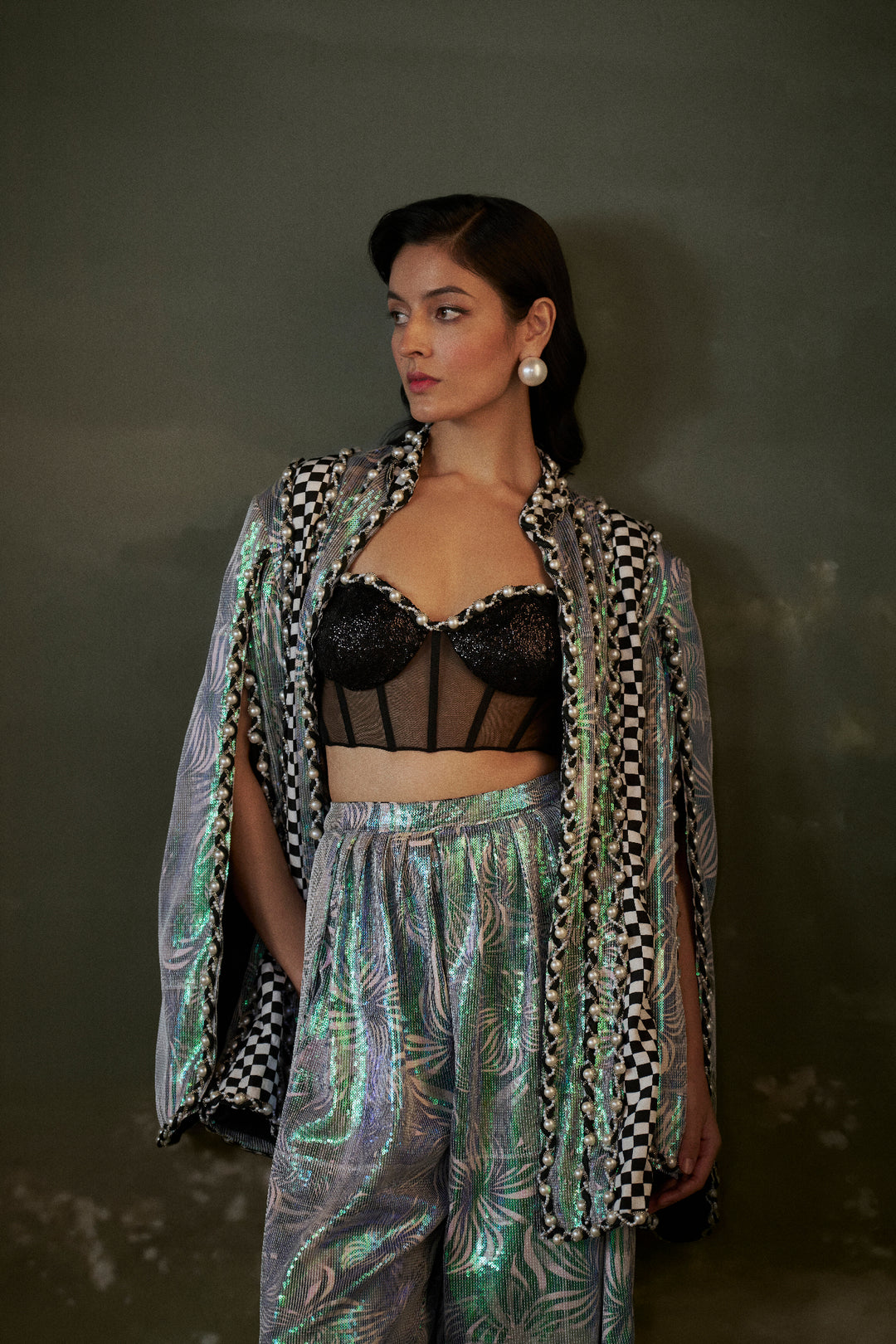 Printed Metallic Jacket Trouser Set With Corset