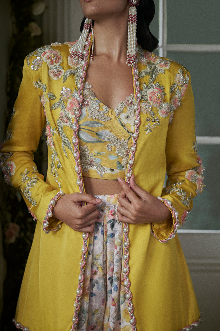 Yellow Jacket Trouser Set With Corset Top