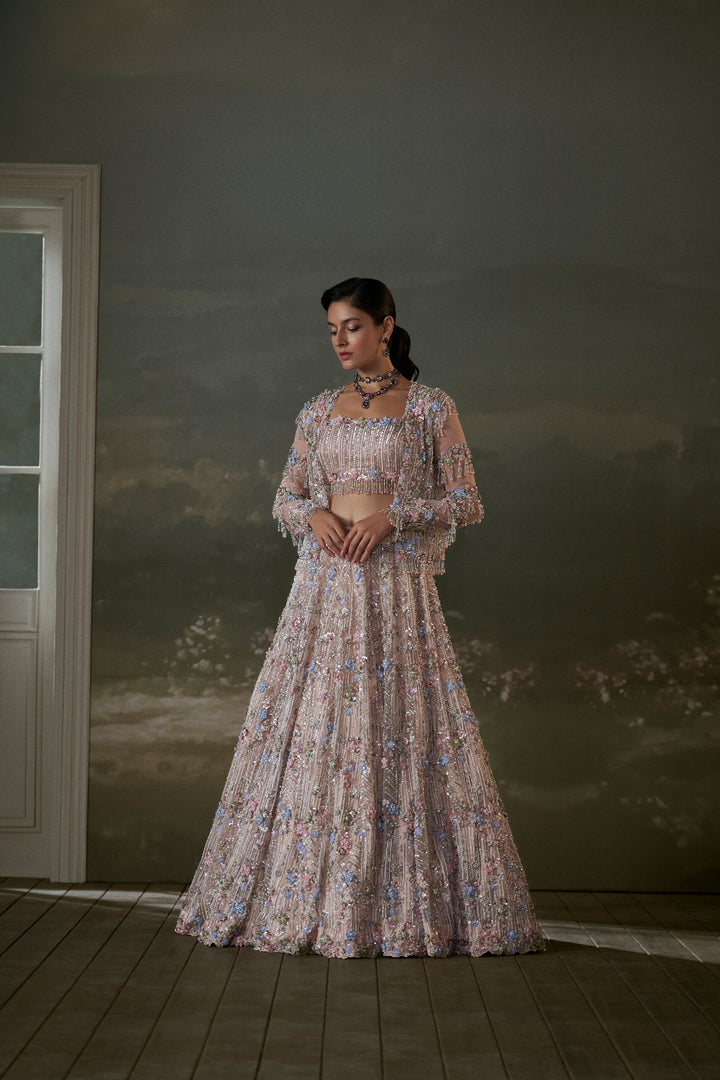 Peach Multicolored Lehenga Choli Set With Jacket