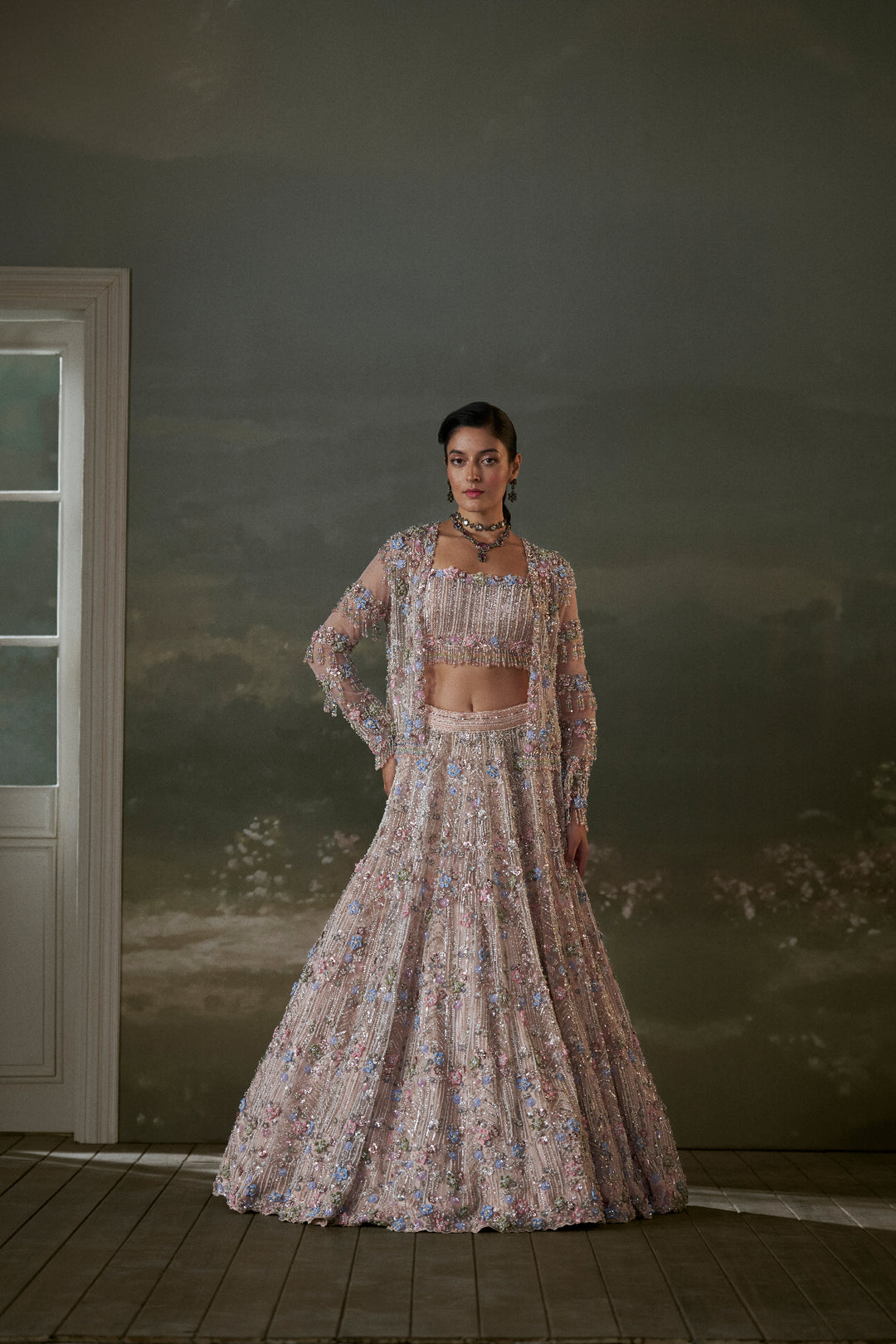 Peach Multicolored Lehenga Choli Set With Jacket