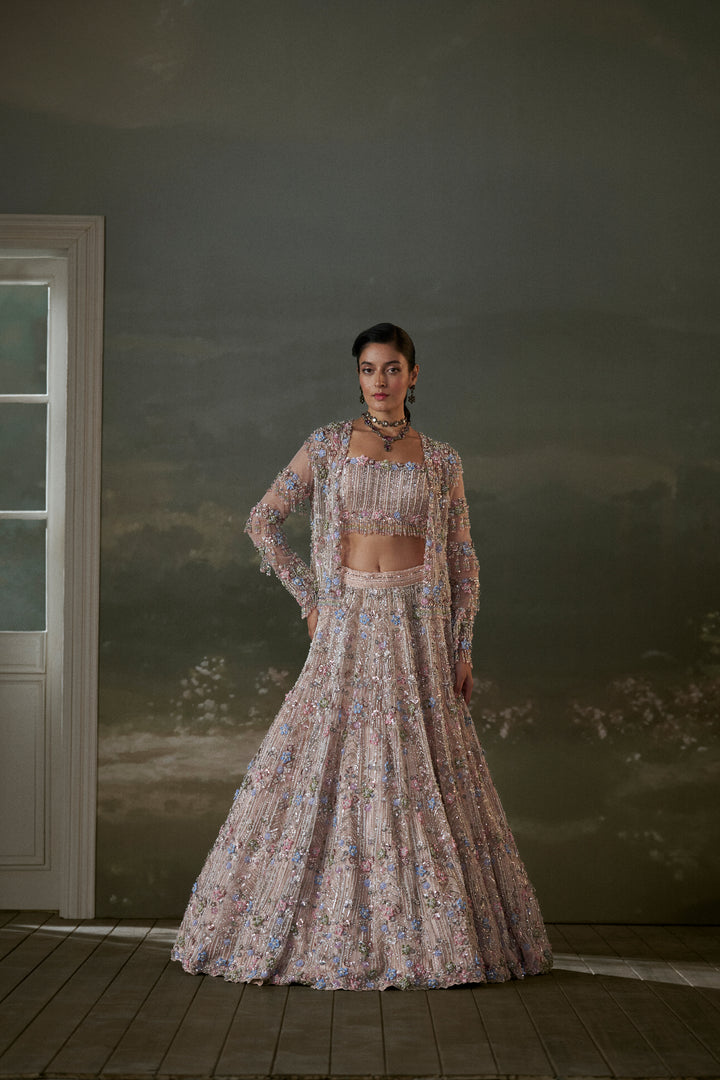 Peach Multicolored Lehenga Choli Set With Jacket