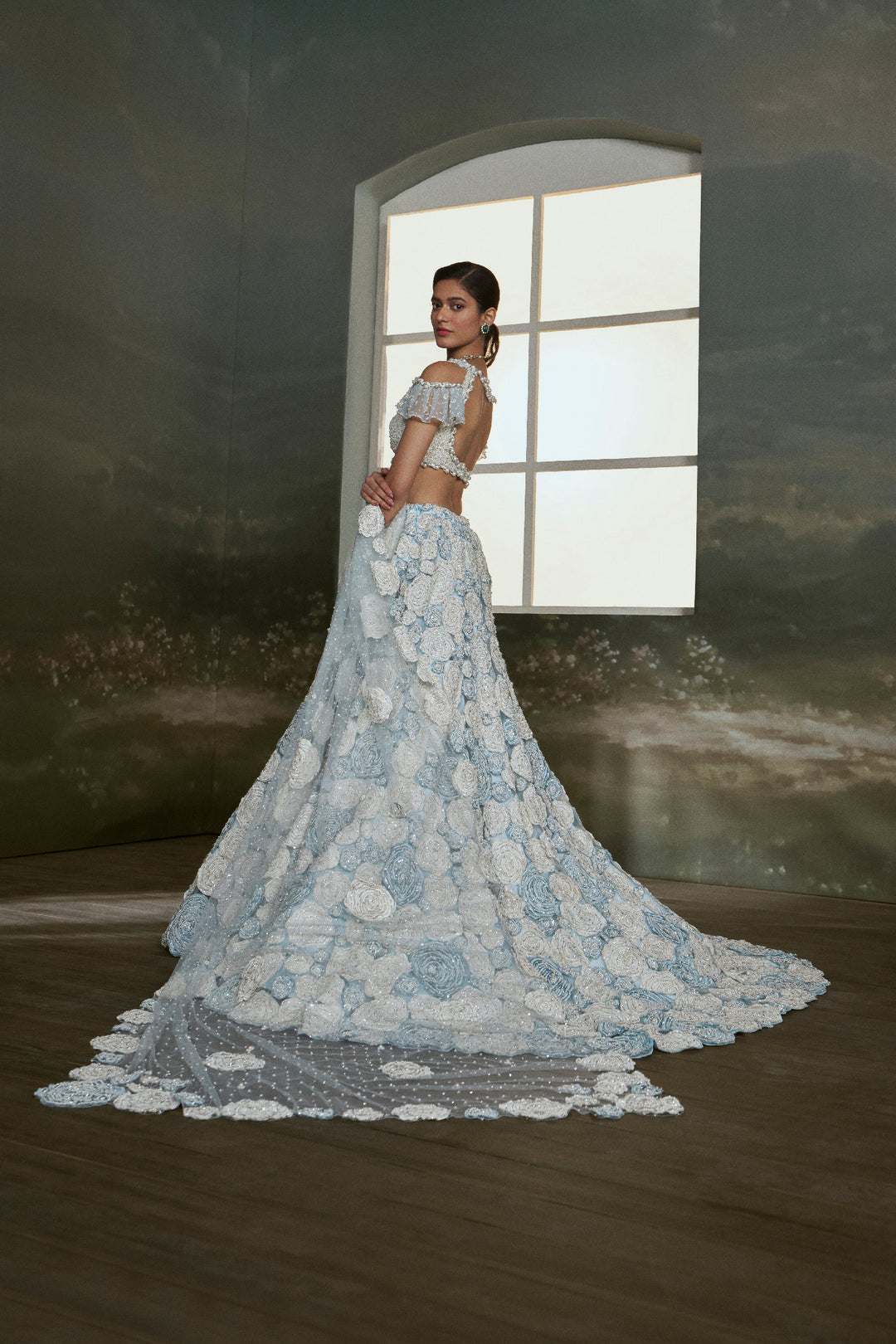Powder Blue White Trail Lehenga Choli Set