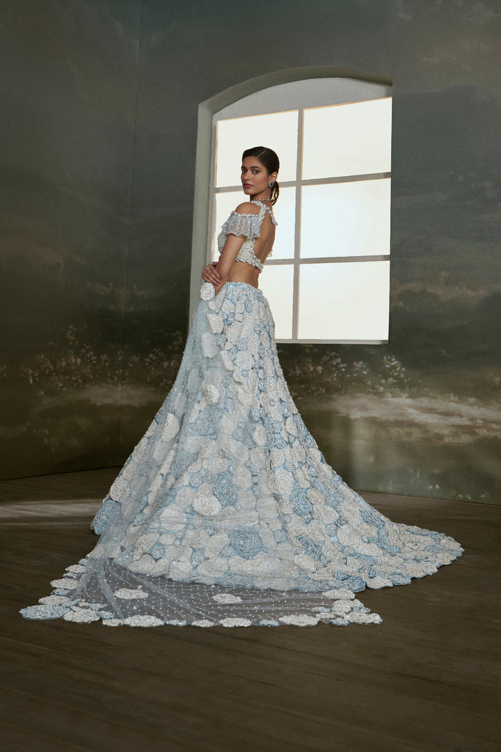 Powder Blue White Trail Lehenga Choli Set
