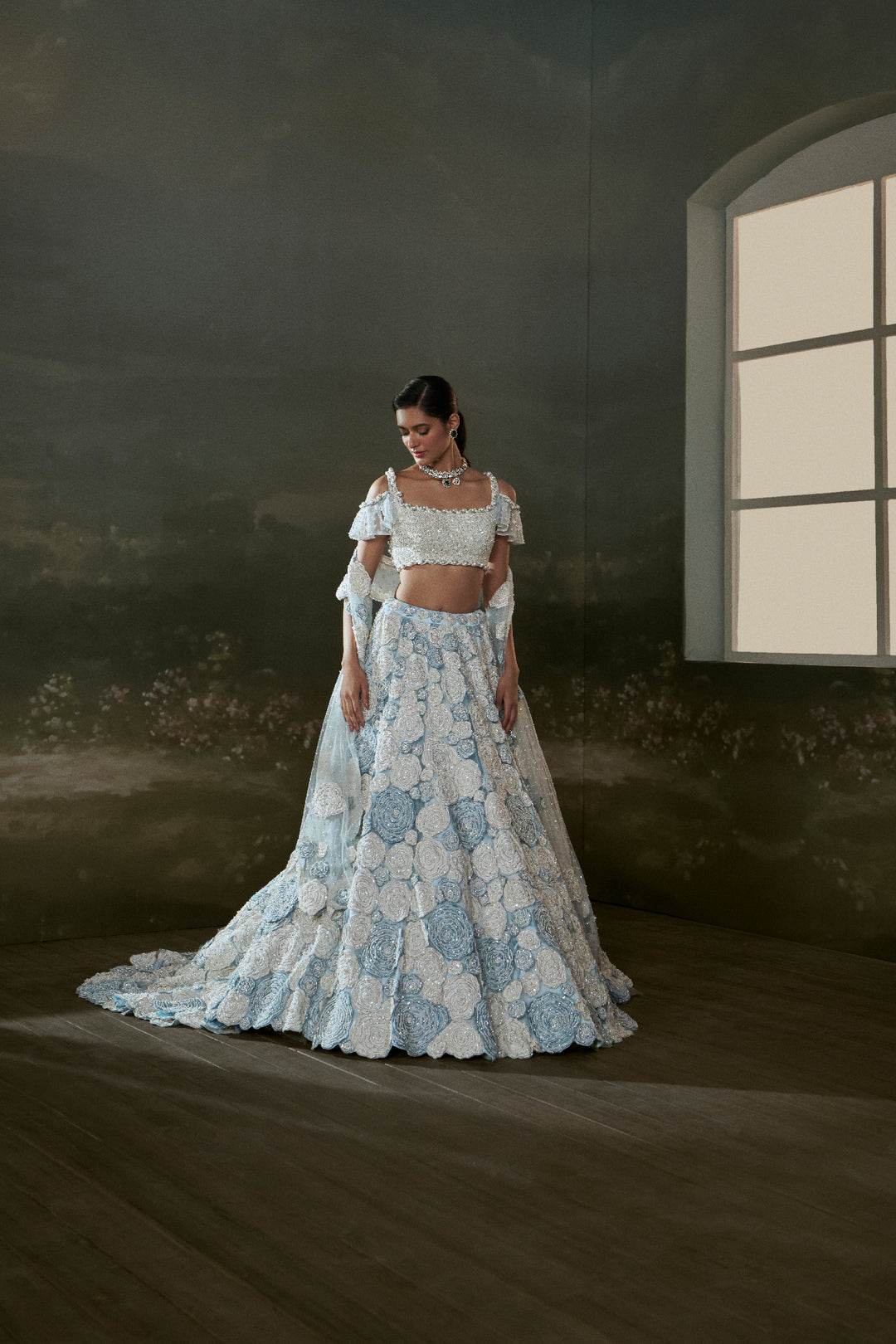 Powder Blue White Trail Lehenga Choli Set