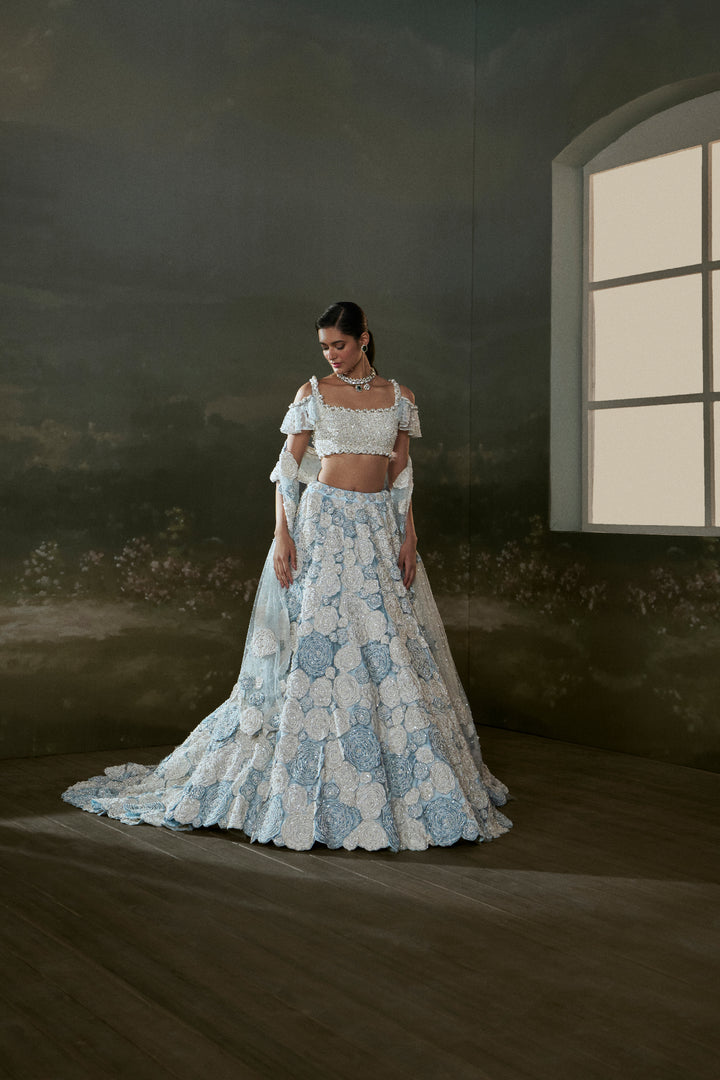 Powder Blue White Trail Lehenga Choli Set