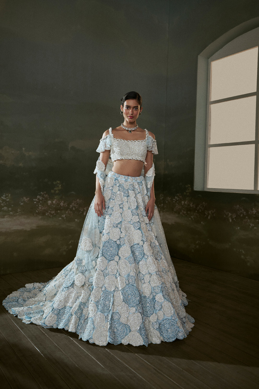 Powder Blue White Trail Lehenga Choli Set