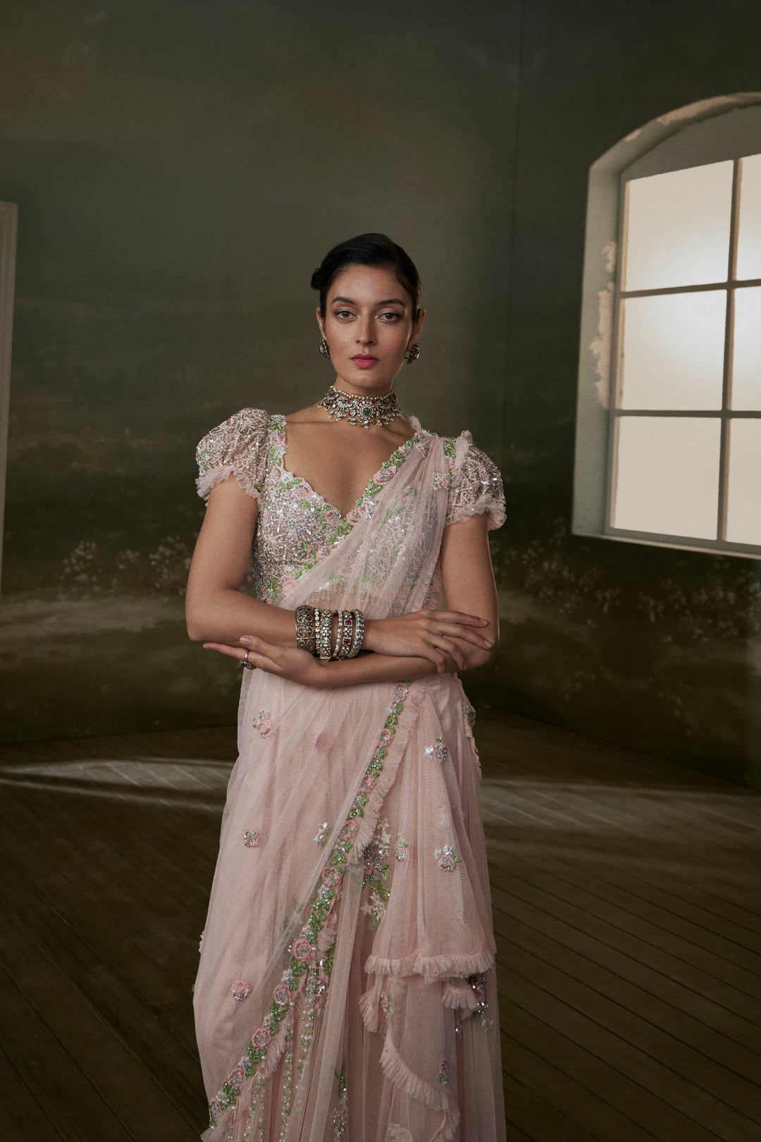 Rose Pink Pre-Draped Saree With Trail