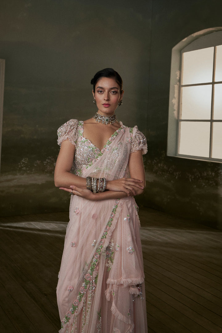 Rose Pink Pre-Draped Saree With Trail