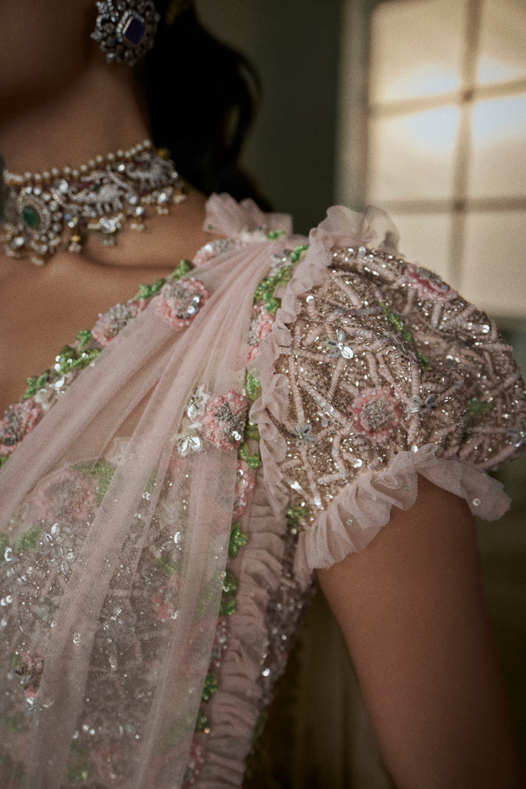 Rose Pink Pre-Draped Saree With Trail