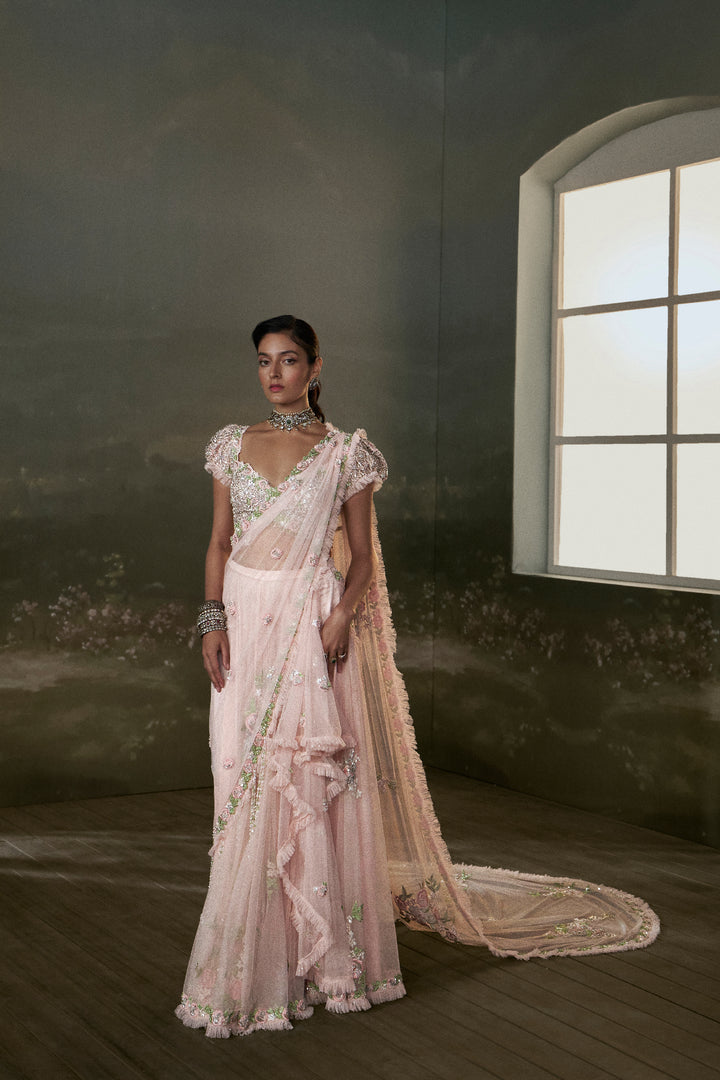 Rose Pink Pre-Draped Saree With Trail