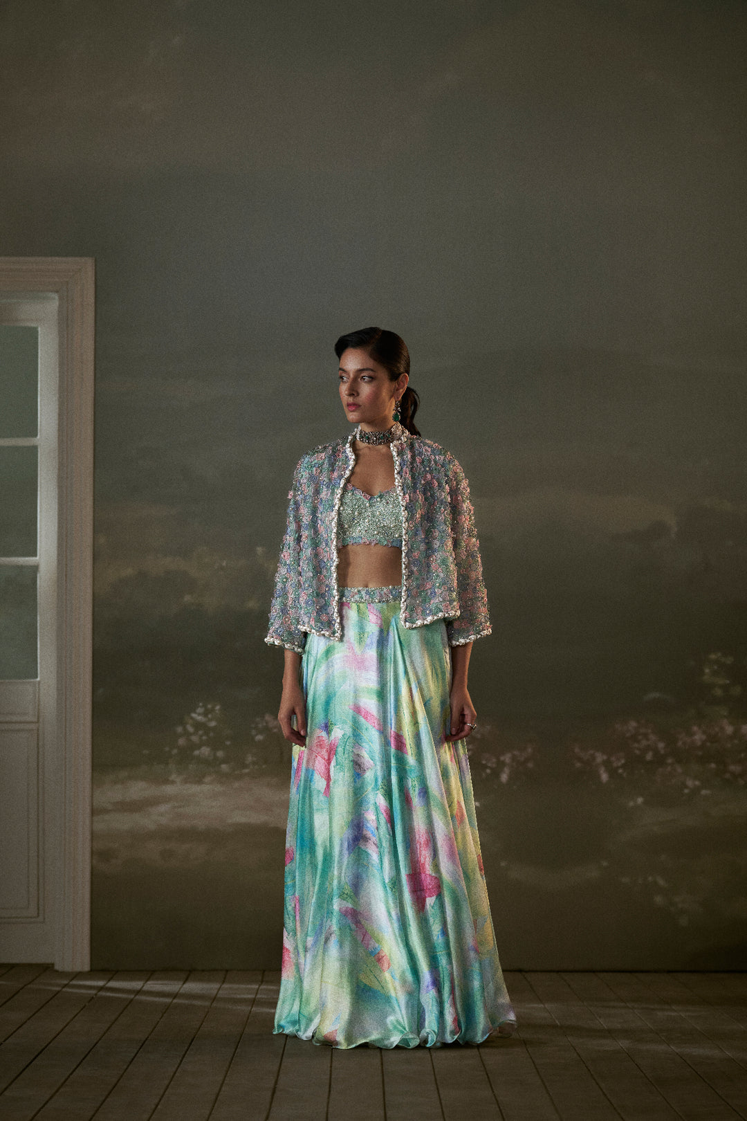 Turquoise Lehenga Choli Set With Jacket