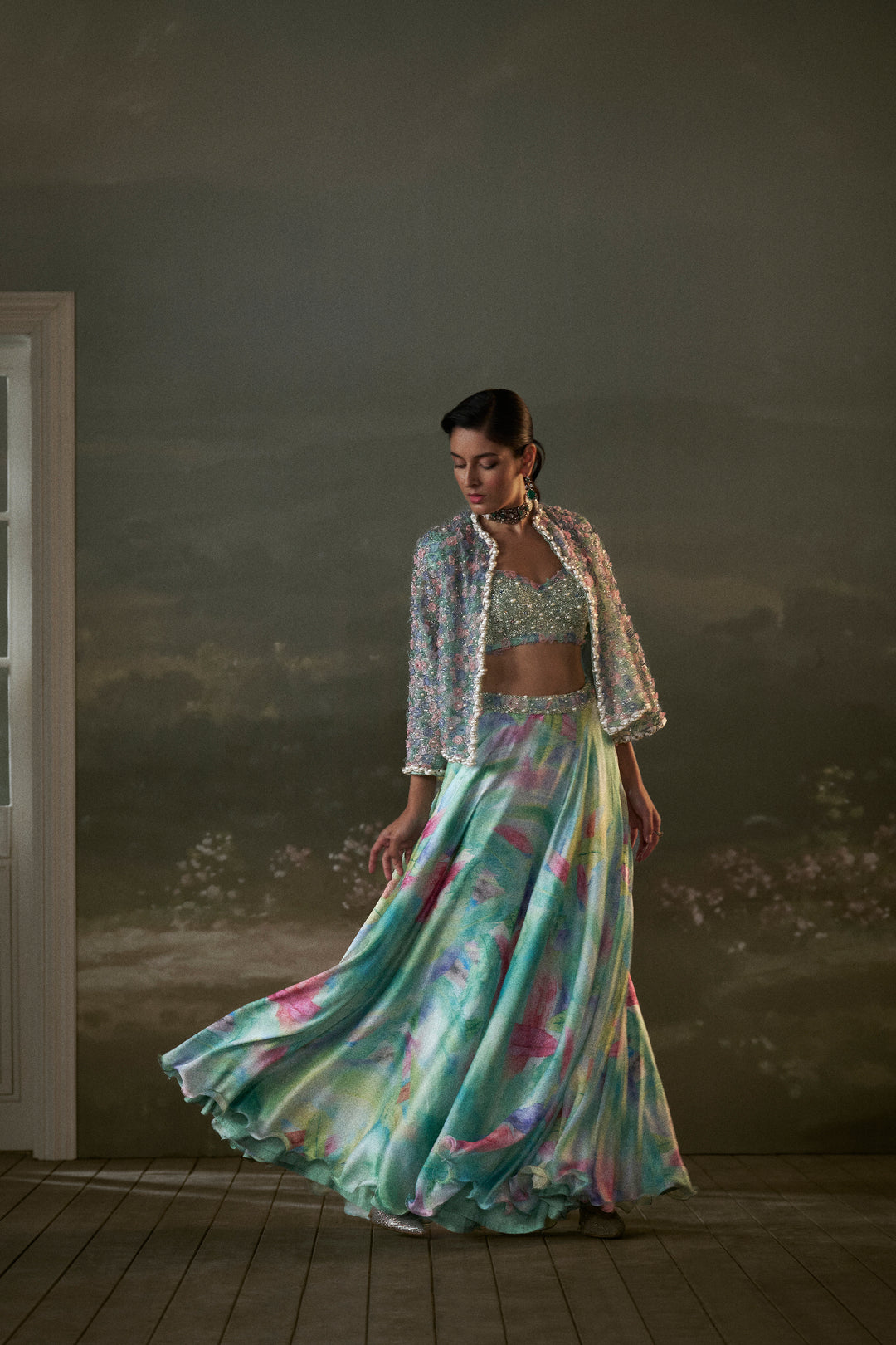 Turquoise Lehenga Choli Set With Jacket