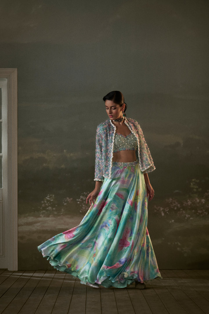 Turquoise Lehenga Choli Set With Jacket