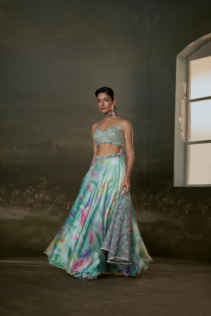 Turquoise Lehenga Choli Set With Jacket