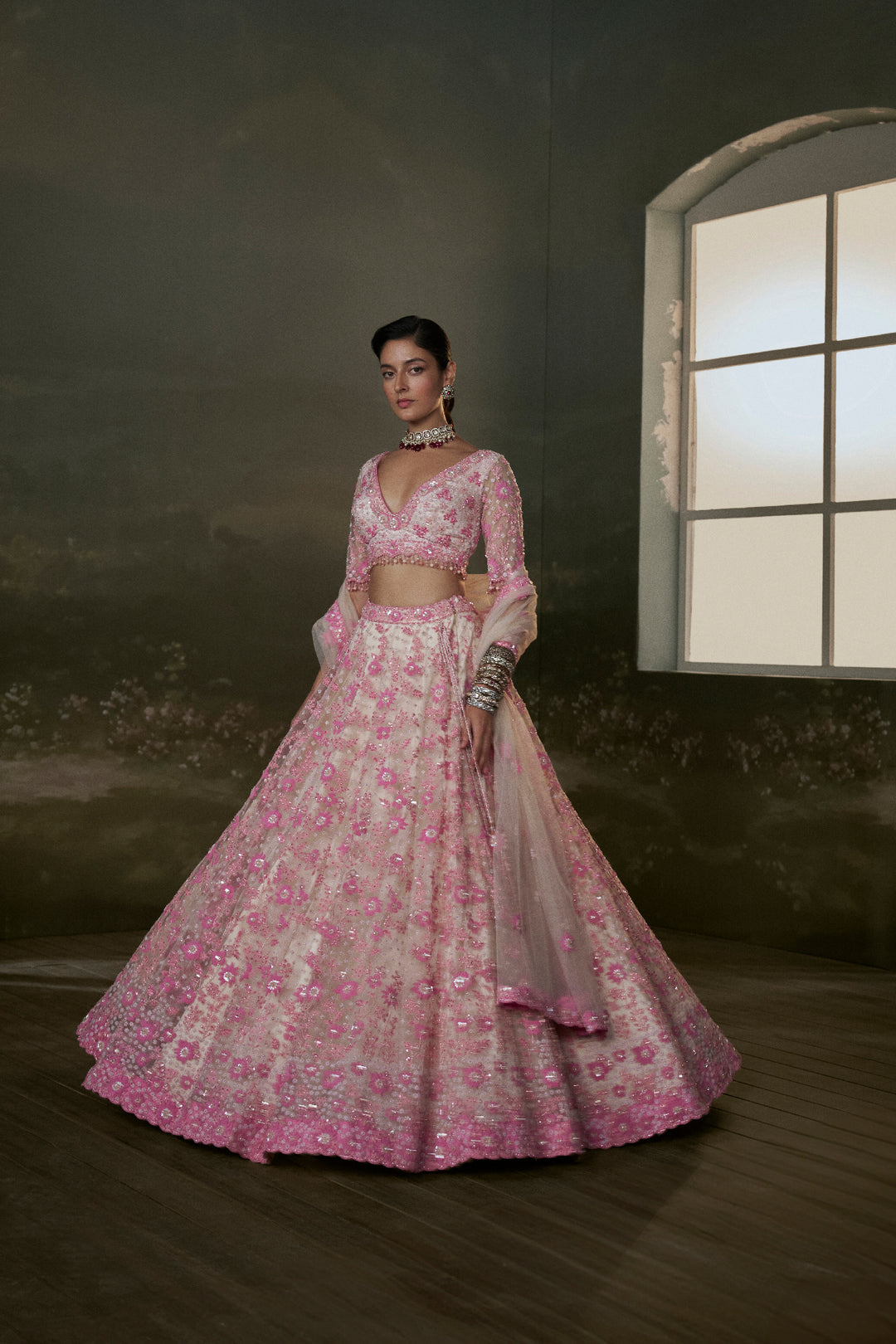 Blush -Pink Net Lehenga Choli Set