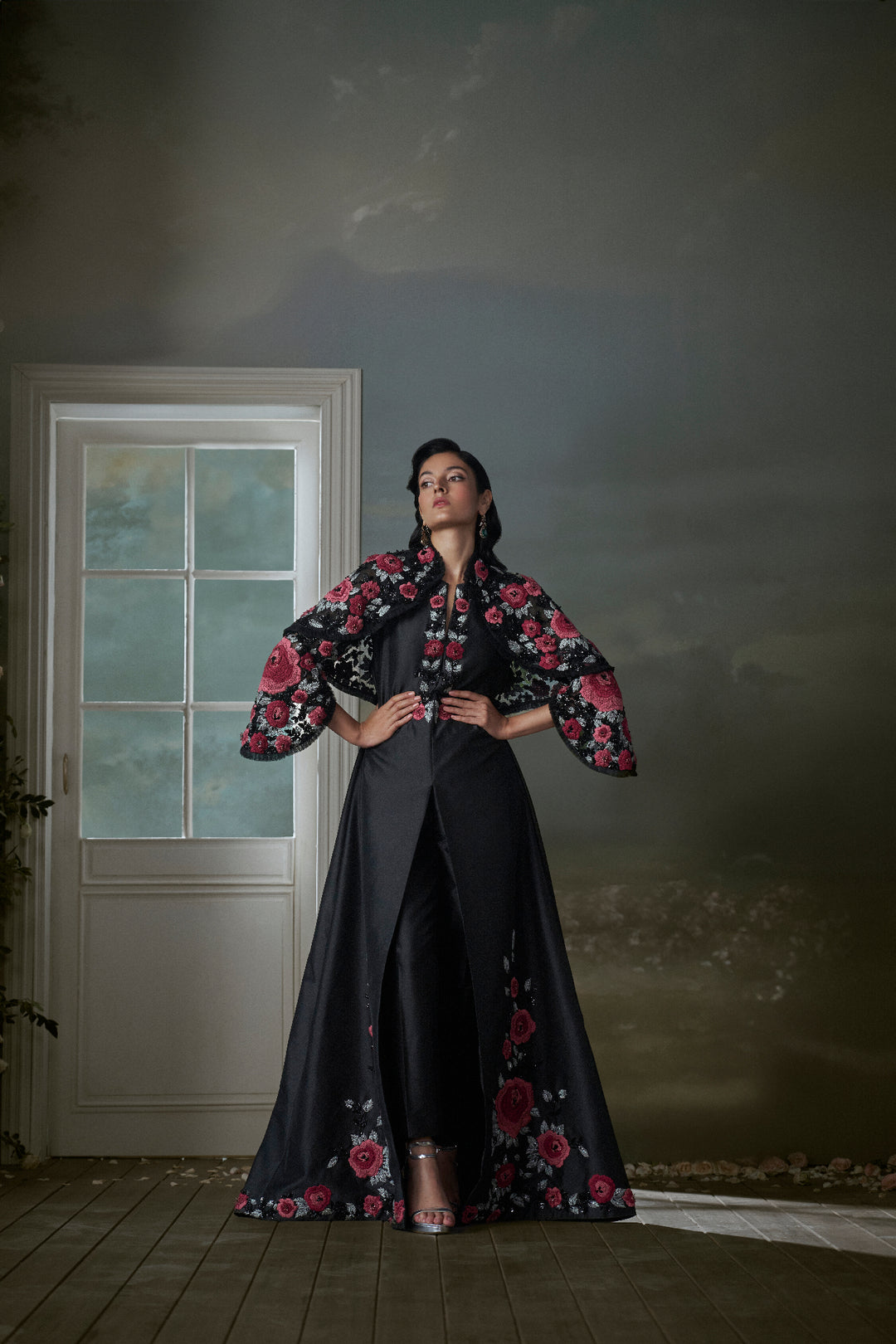 Floral Embroidered Black Long Dress With A Short Jacket And Trouser