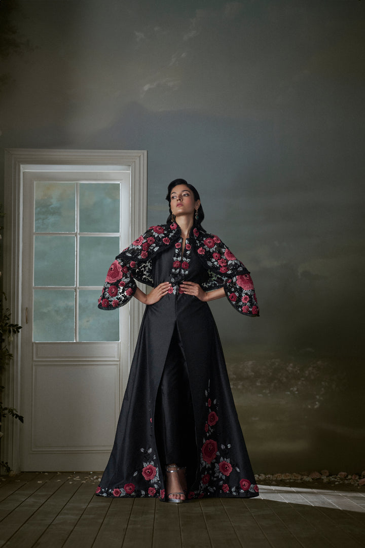 Floral Embroidered Black Long Dress With A Short Jacket And Trouser