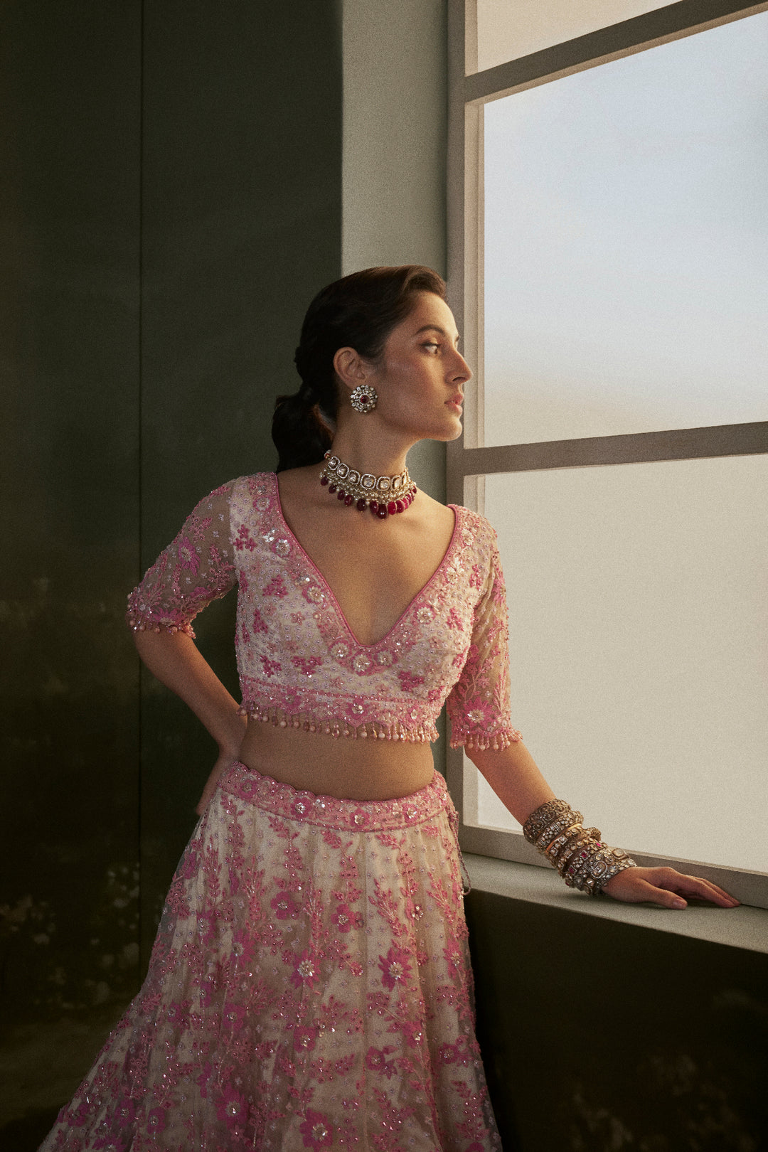 Blush -Pink Net Lehenga Choli Set