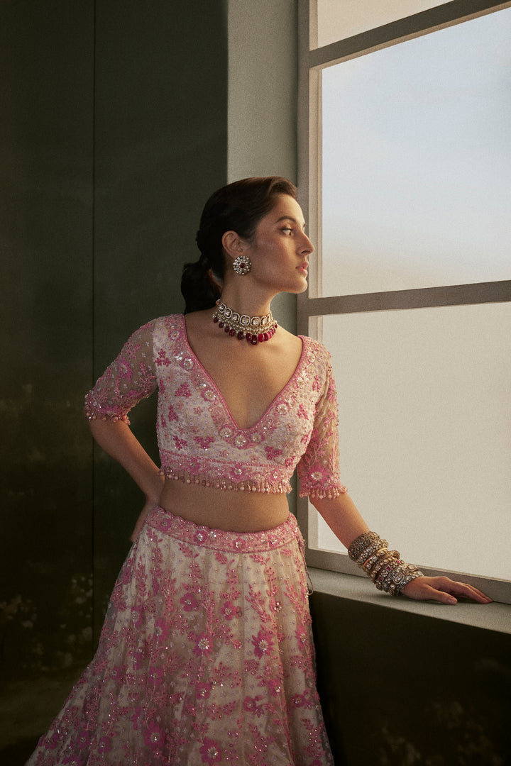 Blush -Pink Net Lehenga Choli Set