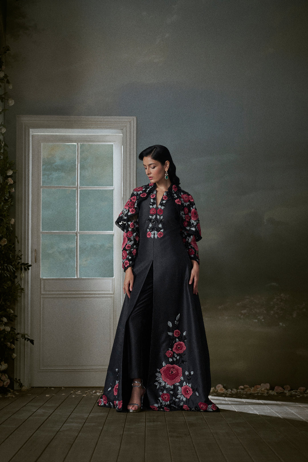 Floral Embroidered Black Long Dress With A Short Jacket And Trouser