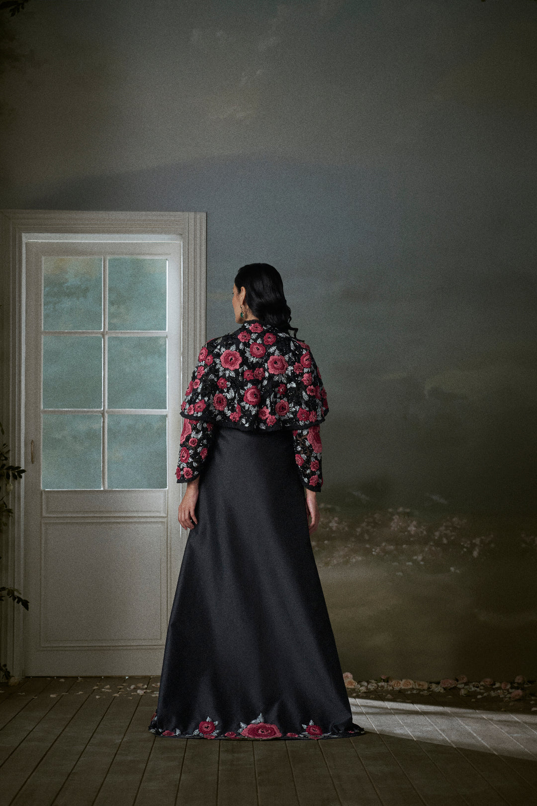 Floral Embroidered Black Long Dress With A Short Jacket And Trouser