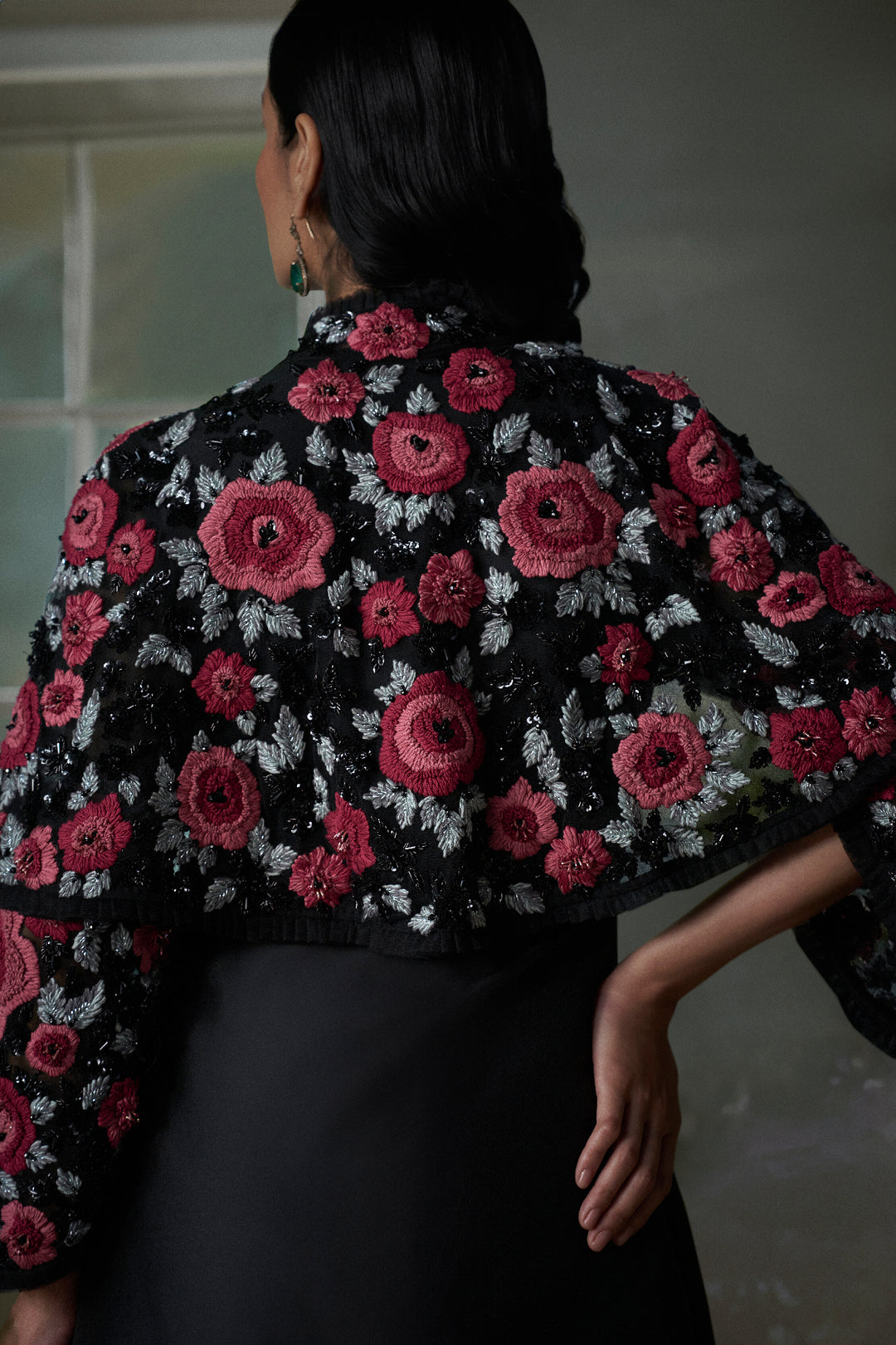 Floral Embroidered Black Long Dress With A Short Jacket And Trouser