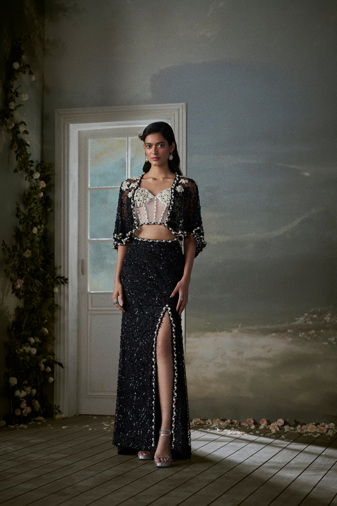 Black Skirt And Jacket Set With An Ivory Corset