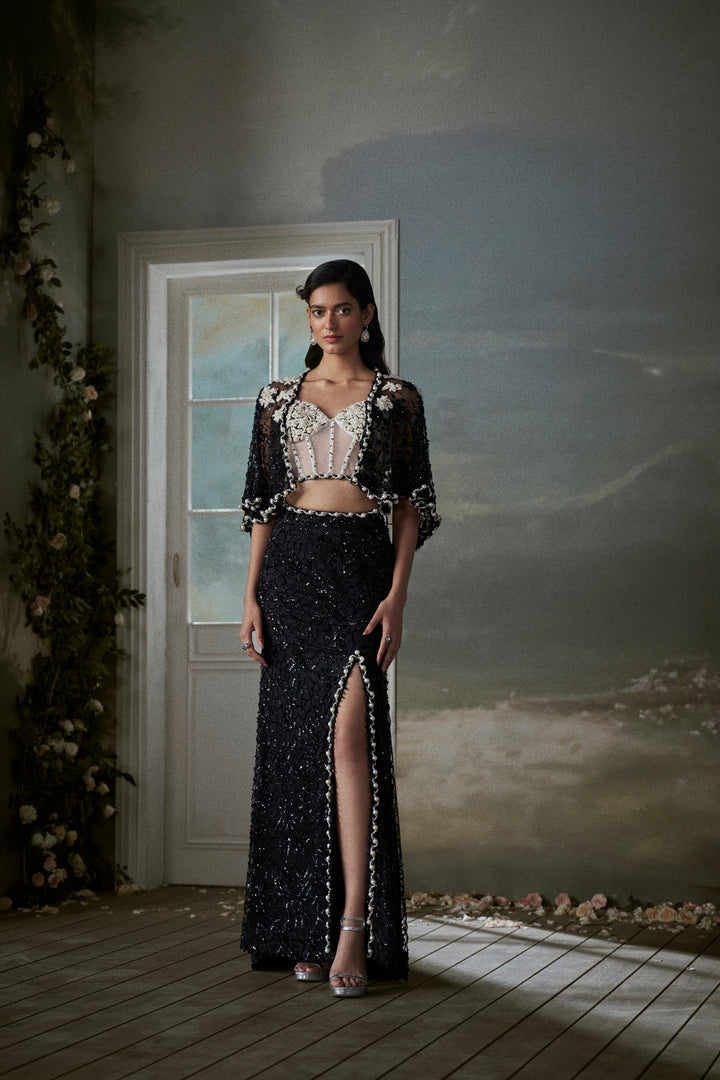 Black Skirt And Jacket Set With An Ivory Corset