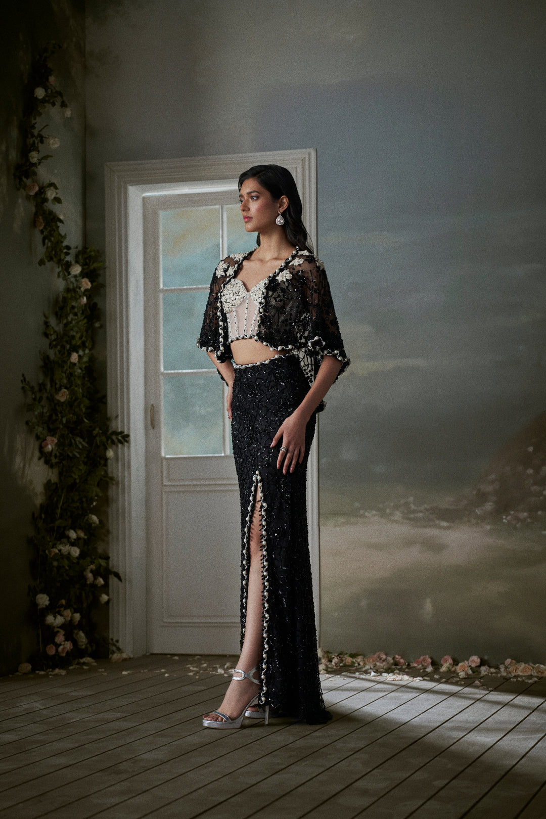 Black Skirt And Jacket Set With An Ivory Corset