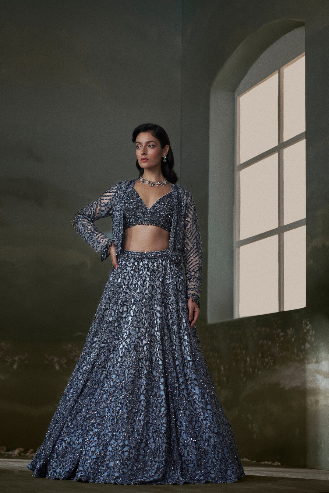 Stone Grey Lehenga Choli Set With Jacket