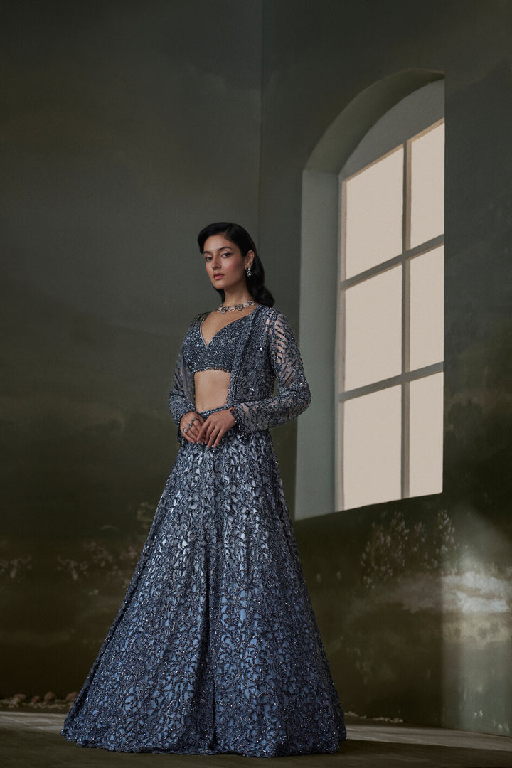 Stone Grey Lehenga Choli Set With Jacket