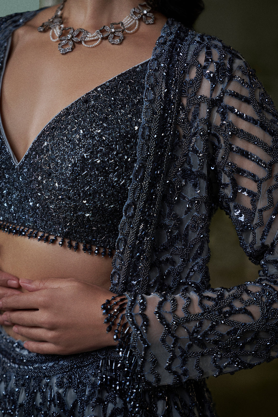 Stone Grey Lehenga Choli Set With Jacket