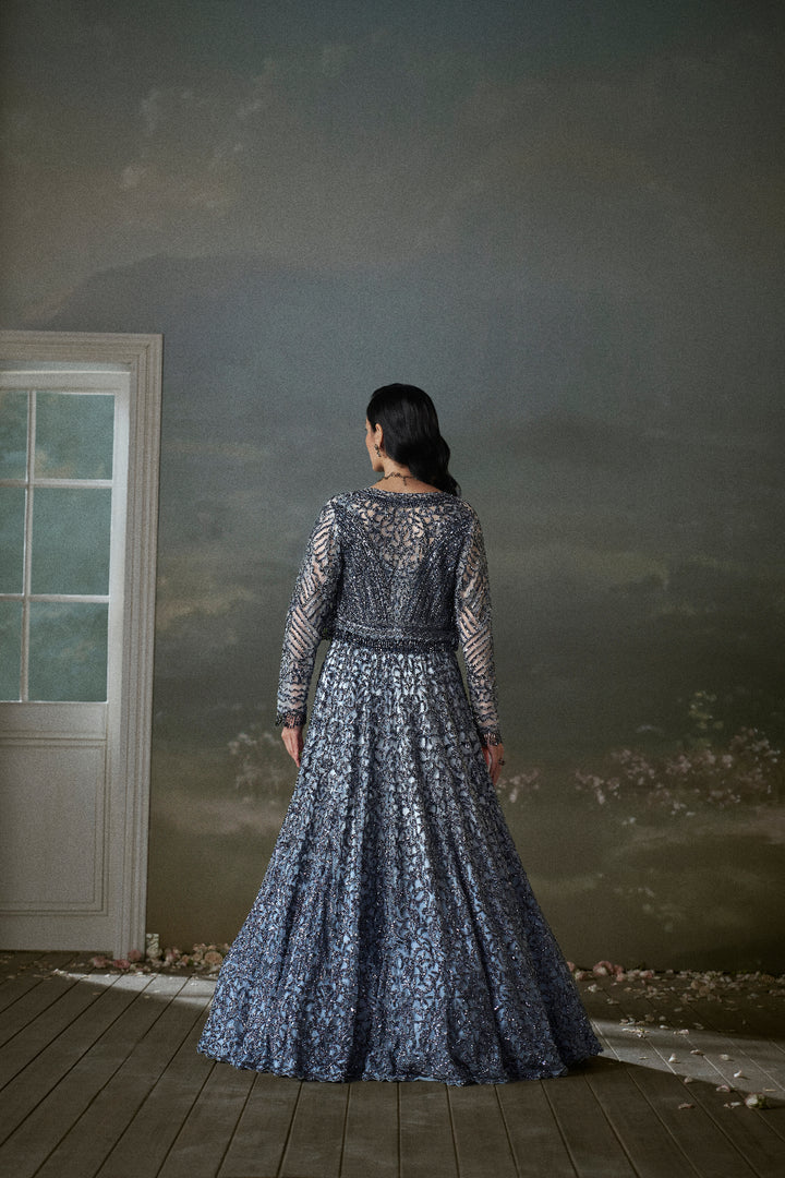 Stone Grey Lehenga Choli Set With Jacket