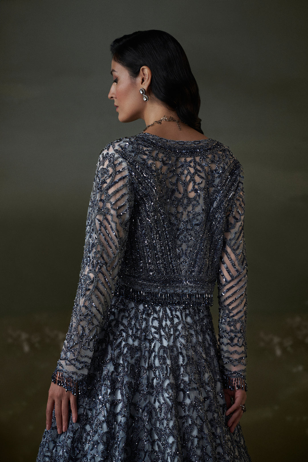 Stone Grey Lehenga Choli Set With Jacket