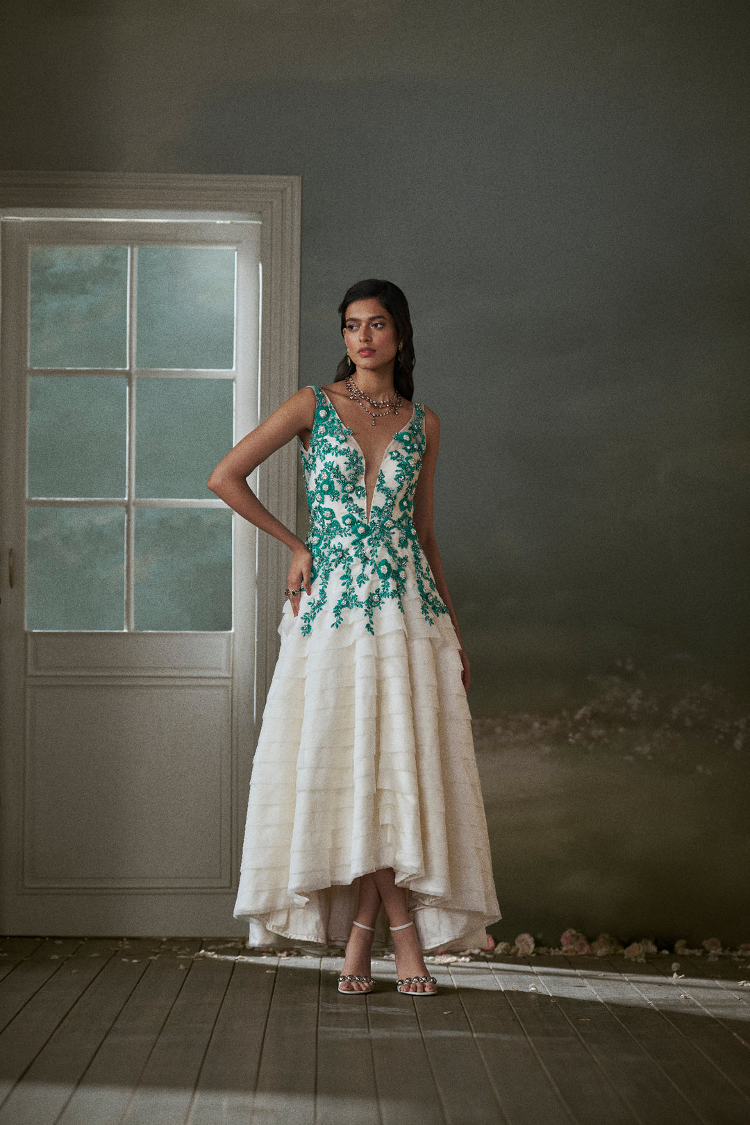 Ivory Organza Layered Assymetrical Dress