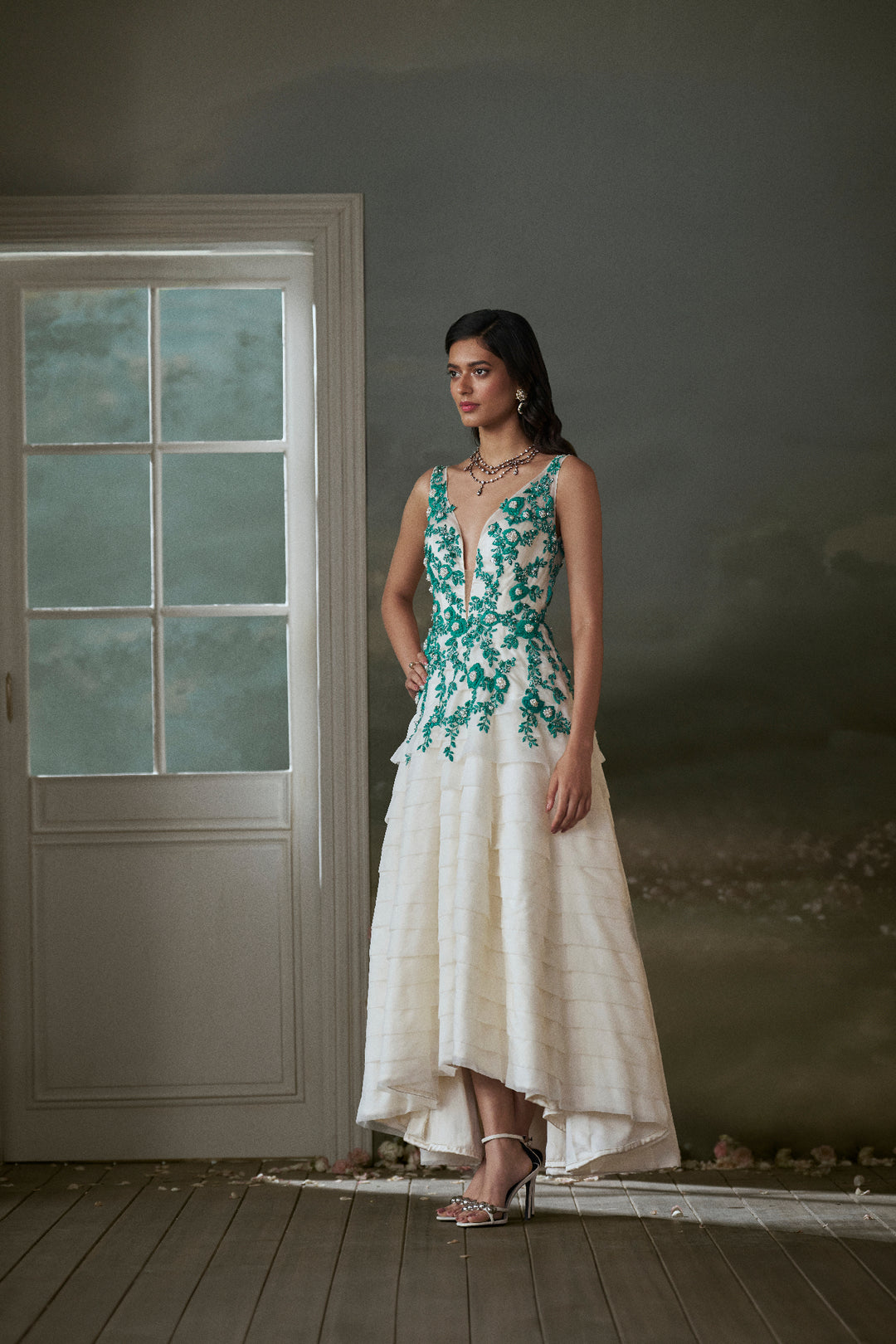 Ivory Organza Layered Assymetrical Dress