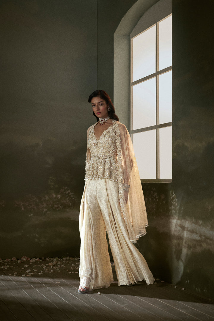 Cream Peplum Top And Sharara Set