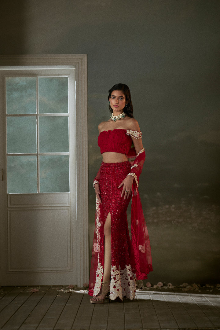 Red Skirt With Pleated Crop Top And Dupatta