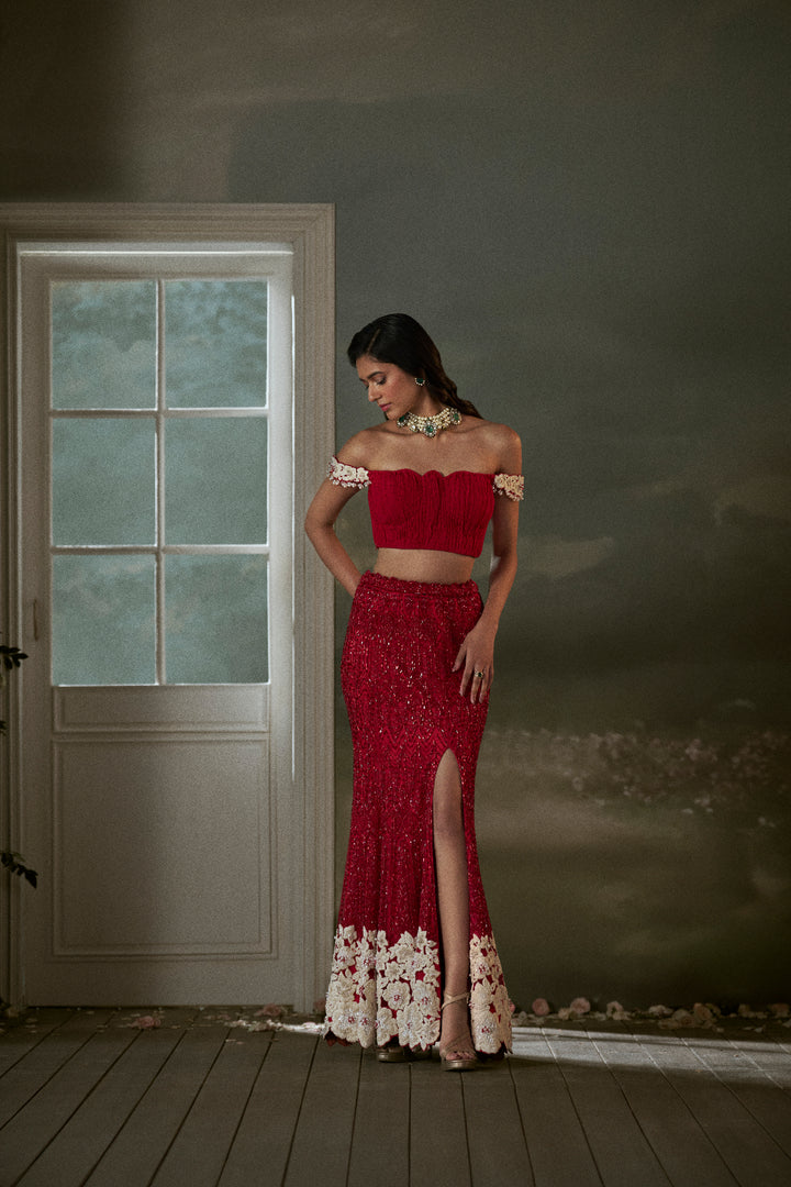 Red Skirt With Pleated Crop Top And Dupatta