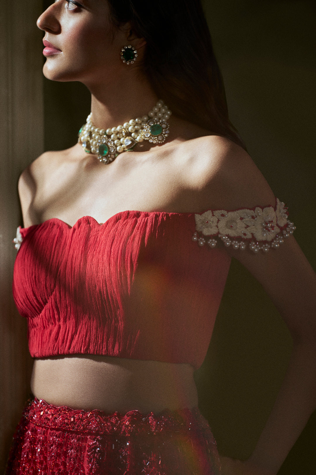 Red Skirt With Pleated Crop Top And Dupatta