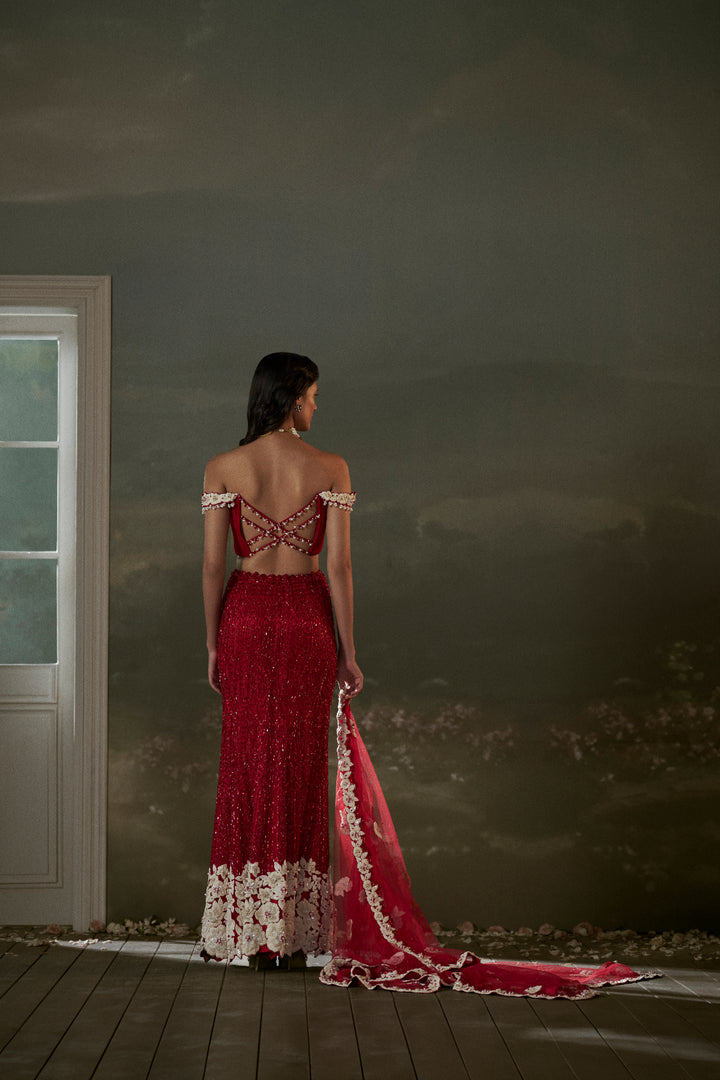 Red Skirt With Pleated Crop Top And Dupatta