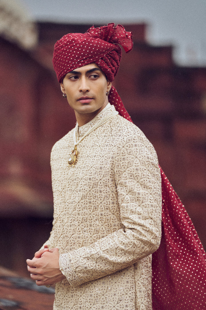 Light Beige Raw Silk Sherwani With Kurta And Churidar