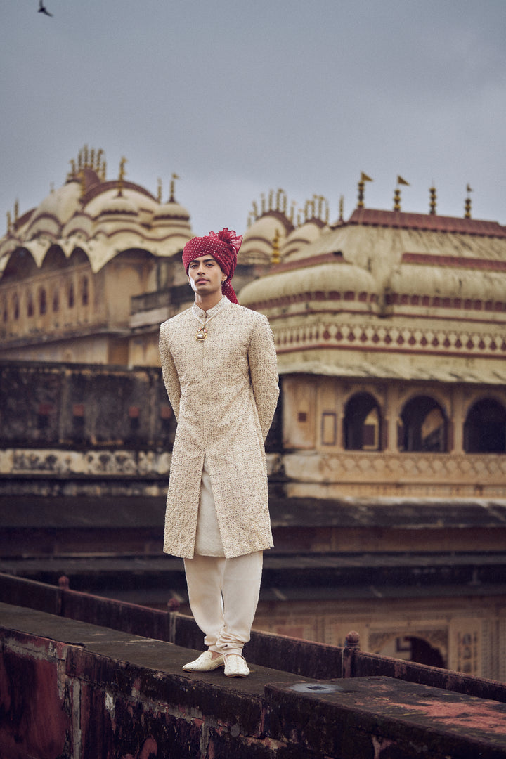Light Beige Raw Silk Sherwani With Kurta And Churidar