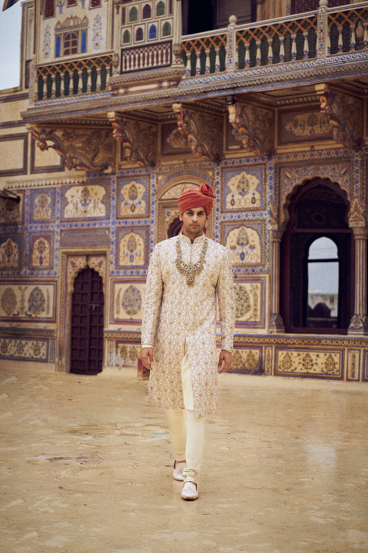 Light Beige Raw Silk Sherwani With Kurta Churidar