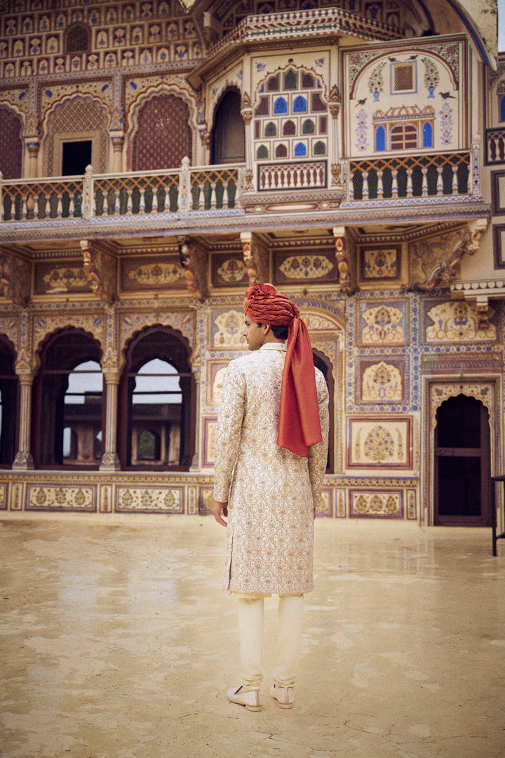 Light Beige Raw Silk Sherwani With Kurta Churidar