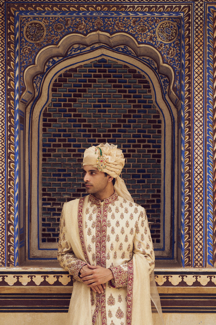 Beige Raw Silk Sherwani With A Cotton Silk Choga And Churidar