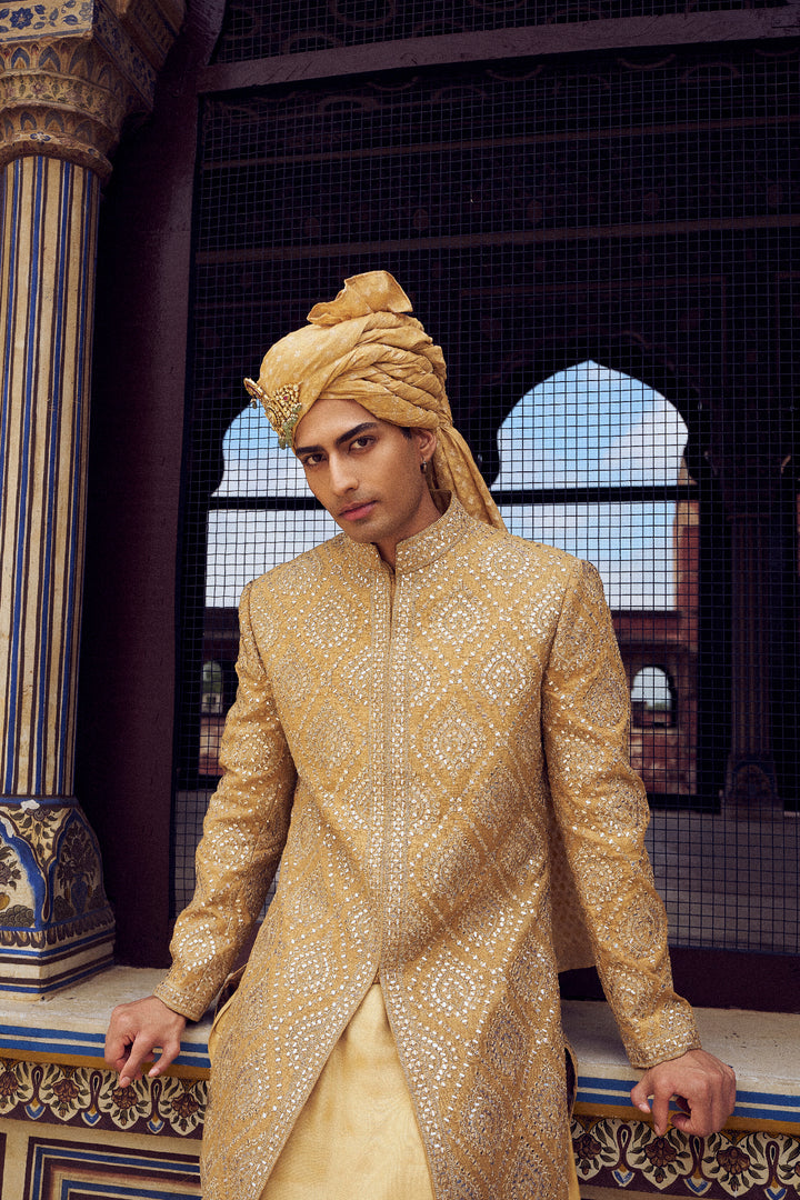 Gold Raw Silk Short Sherwani With A Satin Kurta And Dhoti