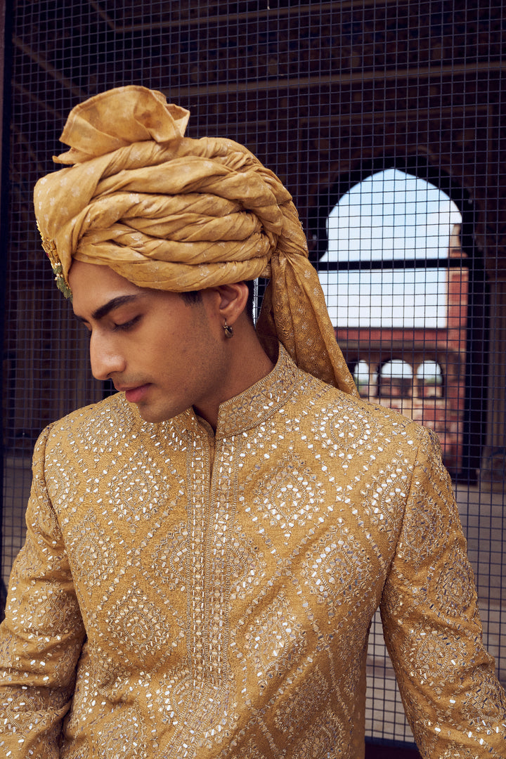 Gold Raw Silk Short Sherwani With A Satin Kurta And Dhoti