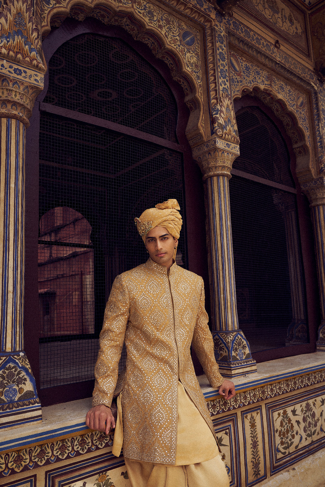 Gold Raw Silk Short Sherwani With A Satin Kurta And Dhoti
